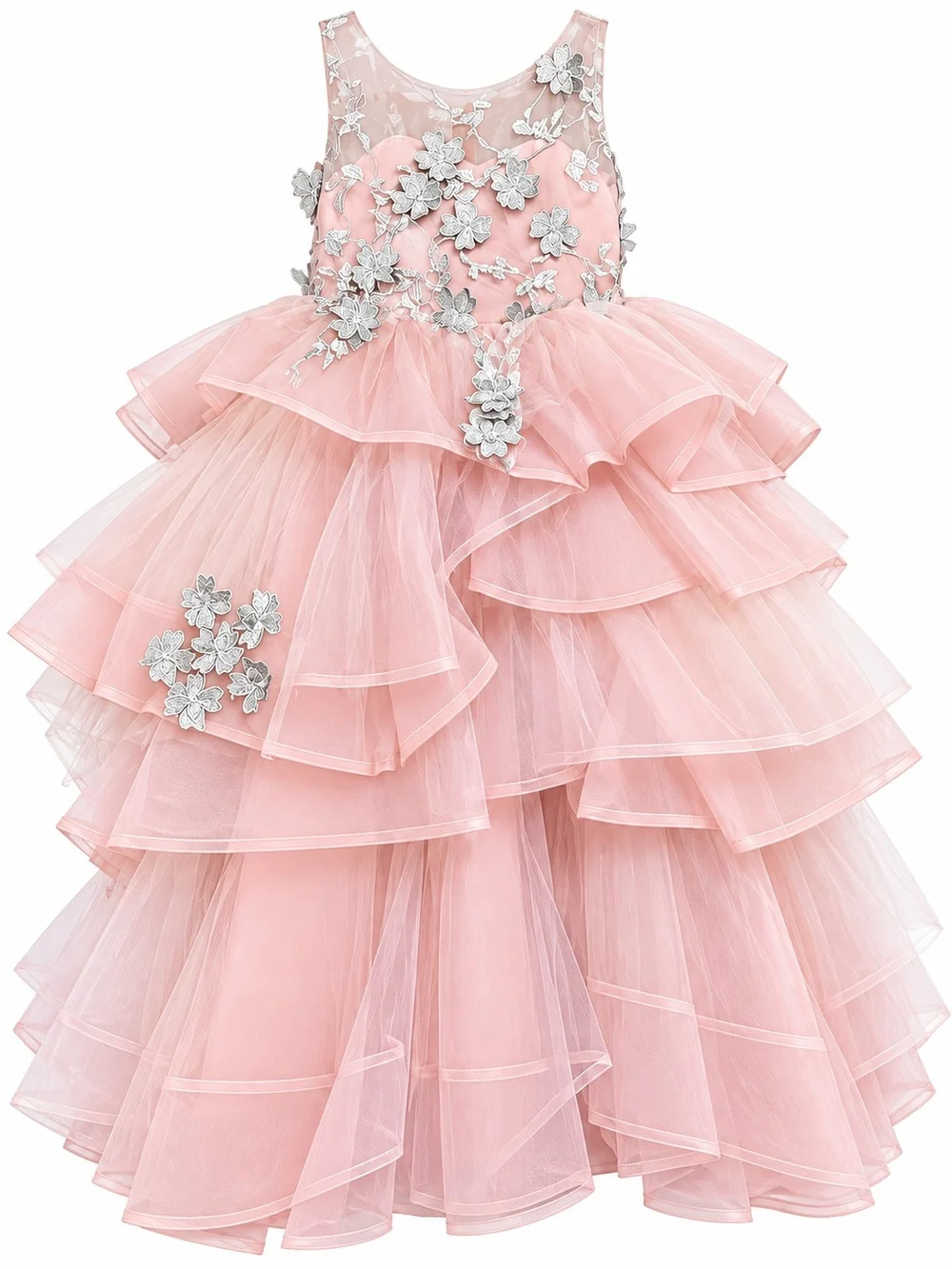 Girls' Pink Layered Tulle Party Dress with Silver Floral Appliqué